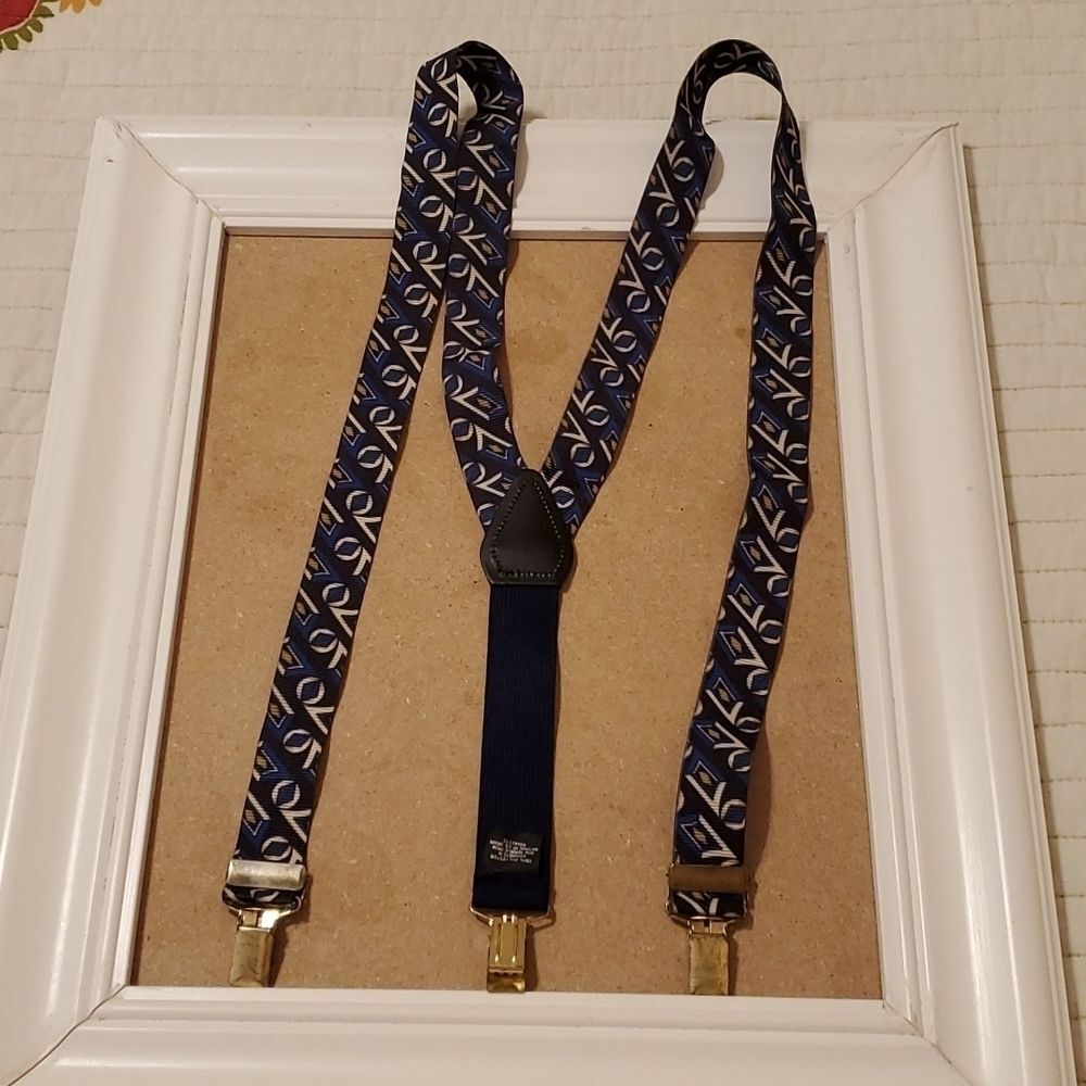 Black, Navy & Off-White Patterned Suspenders - Goldtone Clasps